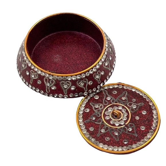 Trinket Round Jewelry Box Maroon Gold Tones Rhinestone Jeweled - Picture 2 of 9